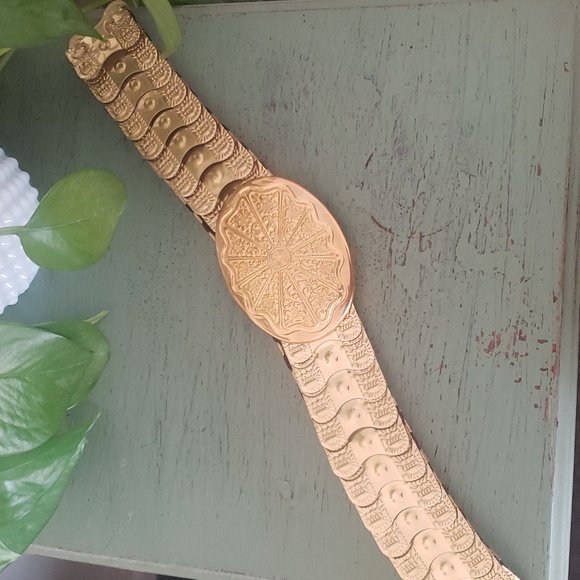Vintage 80s Gold Floral Western Accordian Chain Stretch Belt - Picture 3 of 4